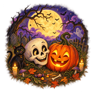 Vintage Halloween Skull & Pumpkin