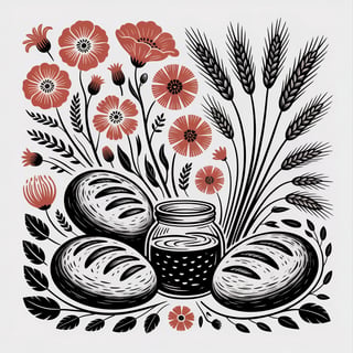 Linocut Floral and Sourdough Illustration