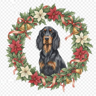 Watercolor Gordon Setter in Christmas Wreath