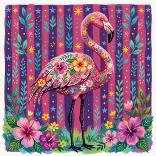 Colorful Flamingo with Floral Patterns