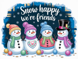Whimsical Cartoon Snowmen Winter Scene