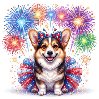 Corgi in Tutu with Fireworks