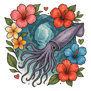 Watercolor Squid in Tropical Flowers