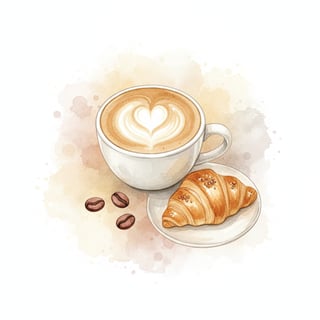 Watercolor Latte and Croissant Clipart