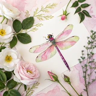 Watercolor Illustration of Dragonfly and Flowers