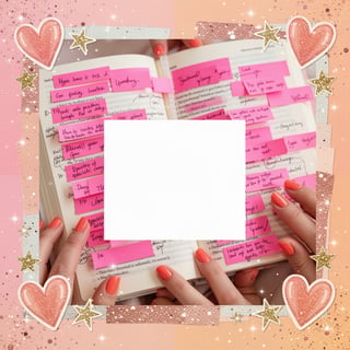 Hands Holding Annotated Book with Pink Tabs