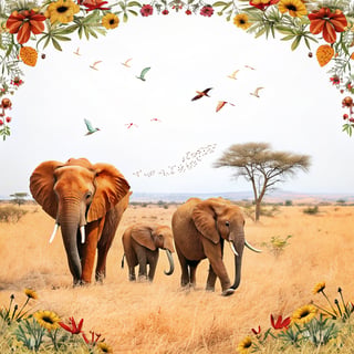 African Elephants in Floral Frame