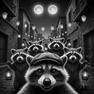 Greyscale Raccoon Selfie with Lanterns