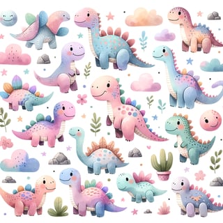 Kawaii Watercolor Cute Dinosaurs Set