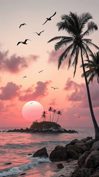 Tropical Sunset Painting with Palm Trees