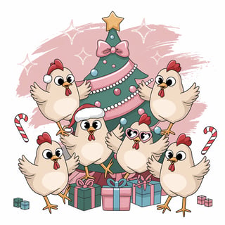Cute Cartoon Chickens at Christmas Tree