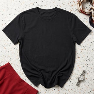 Photorealistic Black Cotton T-Shirt Flat Lay