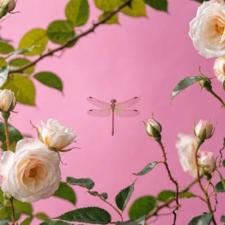 Photorealistic Dragonfly with White Roses
