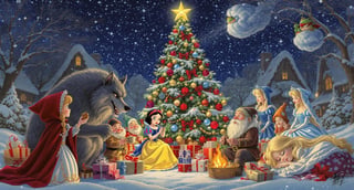 Fairy-Tale Characters in Festive Snowy Village