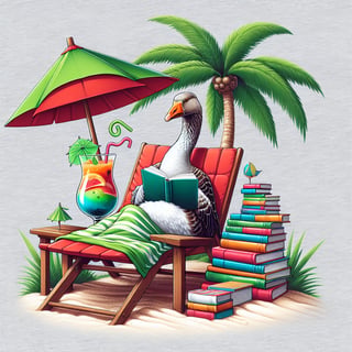 Goose Relaxing on Beach with Books