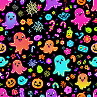 Neon Halloween Cartoon Ghosts Pattern