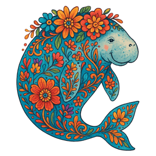 Boho Floral Dugong Illustration