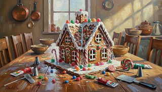Impasto Oil Painting of Gingerbread House