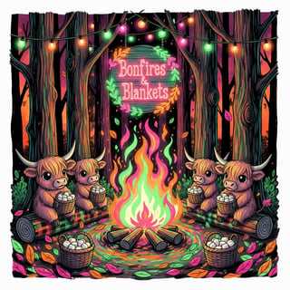 Neon Autumn Forest Campfire Scene