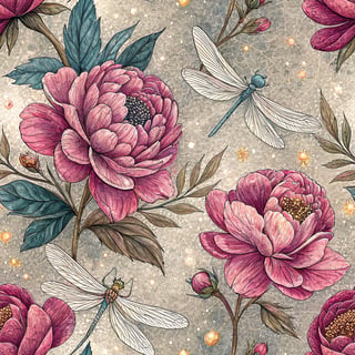 Hand-drawn Peonies and Dragonflies Pattern