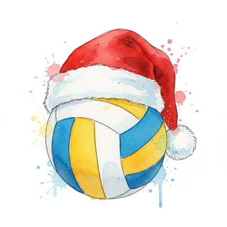 Watercolor Volleyball with Santa Hat