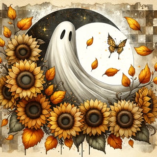 Watercolor Halloween Ghost with Sunflowers
