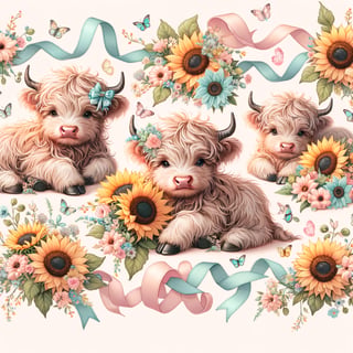 Baby Highland Cows with Sunflower Pattern