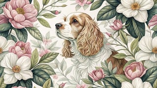Cocker Spaniel with Magnolias Illustration