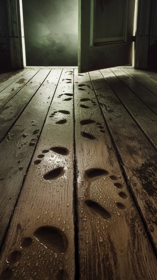 Wet Footprints on Aged Hardwood Floor