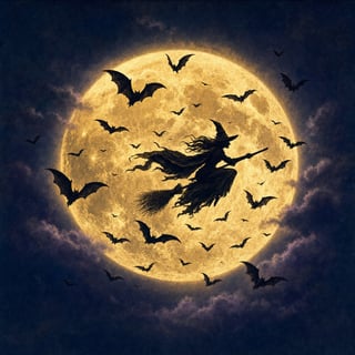 Vintage Moonlit Witch & Bats