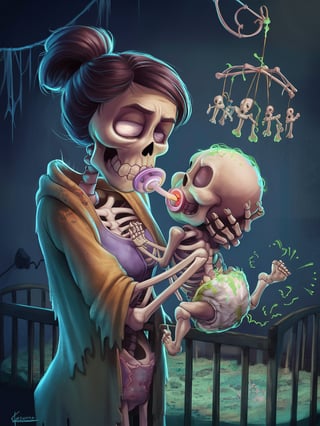 Exhausted Skeleton Mom with Baby