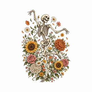 Vintage Halloween Skeleton Floral Art