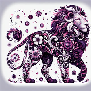 Decorative Purple Floral Lion Illustration