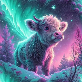 Cute Highland Calf with Neon Aurora