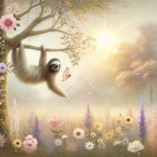 Sloth in Tree with Pastel Flowers