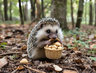 Hedgehog with Basket Gathering Mushrooms