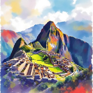 Machu Picchu Ink and Watercolor Art