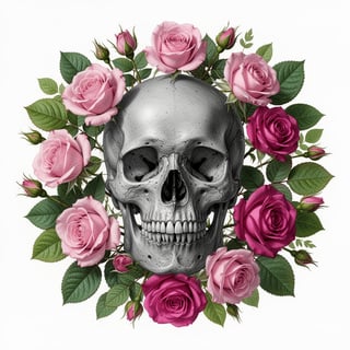 Realistic Skull with Pink Roses Artwork
