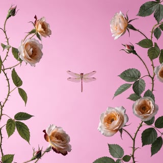 Photorealistic Dragonfly with White Roses