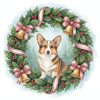 Watercolor Corgi in Christmas Wreath