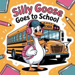 Quirky Cartoon Goose with School Bus