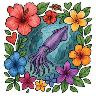 Watercolor Squid in Tropical Flowers