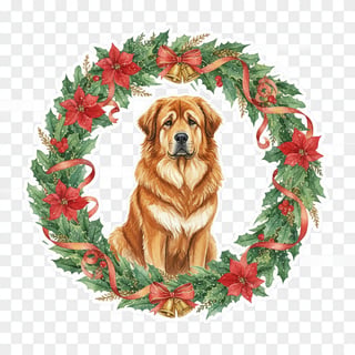 Watercolor Tibetan Mastiff in Christmas Wreath
