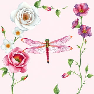 Watercolor Dragonfly and Flowers