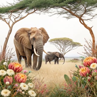 African Elephants with Floral Frame