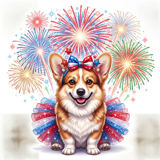 Corgi in Tutu with Fireworks