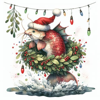 Catfish in Santa Suit Watercolor