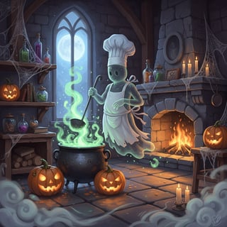 Whimsical Halloween Ghost Chef Illustration