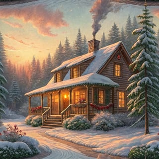 Country Christmas Cabin at Sunrise