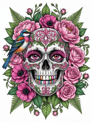 Stylized Skull with Pink Floral Art